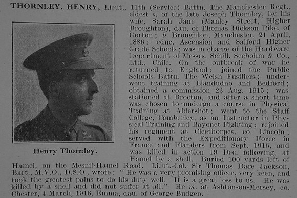 Thornley H Lt 11th Manchester Regiment Obit De Ruvignys Roll Of Honour Vol 3