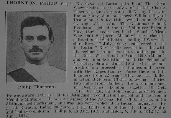 Thornton P Sergt 9484 1st Royal Warwickshire Regiment Obit De Ruvignys Roll Of Honour Vol 3