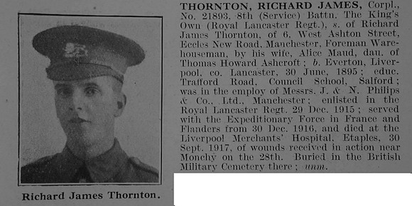 Thornton R J Cpl 21893 8th Kings Own Obit De Ruvignys Roll Of Honour Vol 3