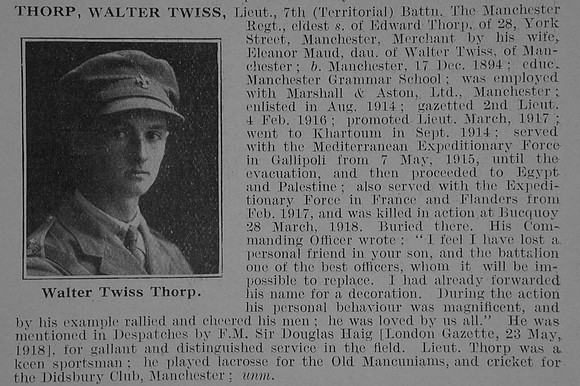 Thorp W T Lt 7th Manchester Regiment Obit De Ruvignys Roll Of Honour Vol 3