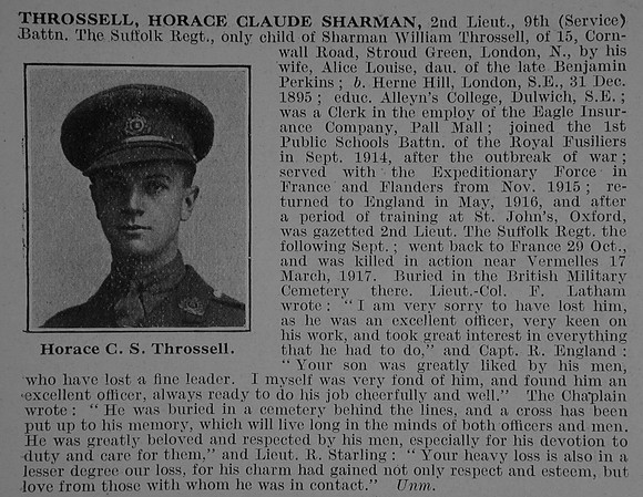 Throssell H C S 2nd Lt 9th Suffolk Regiment Obit De Ruvignys Roll Of Honour Vol 3
