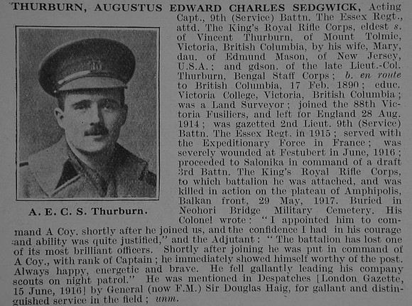 Thurburn A E S Captain 9th Essex Regiment Obit De Ruvignys Roll Of Honour Vol 3