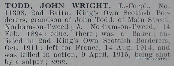 Todd J W LCpl KOSB Obit De Ruvignys Roll Of Honour Vol 1