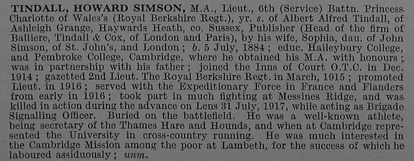 Tindall H S Lt 6th Royal Berkshire Regiment Obit De Ruvignys Roll Of Honour Vol 4