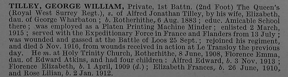 Tilley G W Pte G-4991 1st The Queen's (Royal West Surrey Regiment) Obit De Ruvignys Roll Of Honour Vol 4