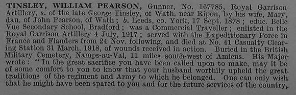 Tinsley W P Gnr 167785 Royal Garrison Artillery Obit Part 1 De Ruvignys Roll Of Honour Vol 4