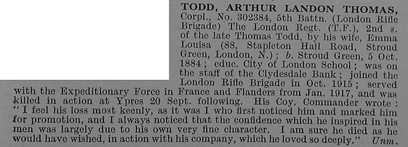 Todd A L T Cpl 302384 5th London Regiment (London Rifle Brigade) Obit De Ruvignys Roll Of Honour Vol 4