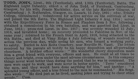 Todd J Lt 9th Attd 6th Highland Light Infantry Obit De Ruvignys Roll Of Honour Vol 4