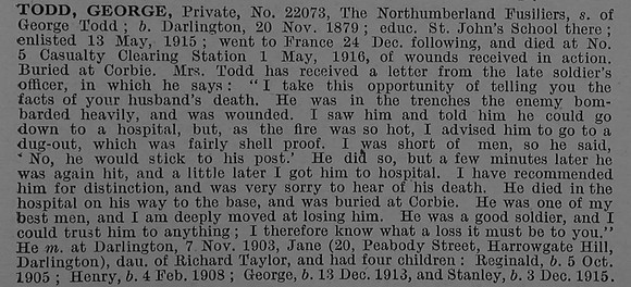 Todd G Pte 22073 13th Northumberland Fusiliers Obit De Ruvignys Roll Of Honour Vol 4