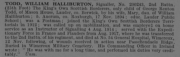 Todd W H Sig 200243 2nd Kings Own Scottish Borderers Obit De Ruvignys Roll Of Honour Vol 4