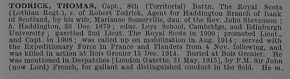 Todrick T Captain 8th Royal Scots Obit Part 1 De Ruvignys Roll Of Honour Vol 4