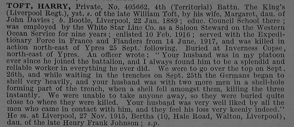 Toft H Pte 405662 4th Kings Liverpool Regiment Obit De Ruvignys Roll Of Honour Vol 4