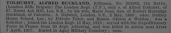 Tolhurst A B Rfn 302962 5th London Regiment (London Rifle Brigade) Obit De Ruvignys Roll Of Honour Vol 4