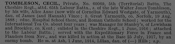 Tombleson C Pte 60069 5th Cheshire Regiment Obit De Ruvignys Roll Of Honour Vol 4