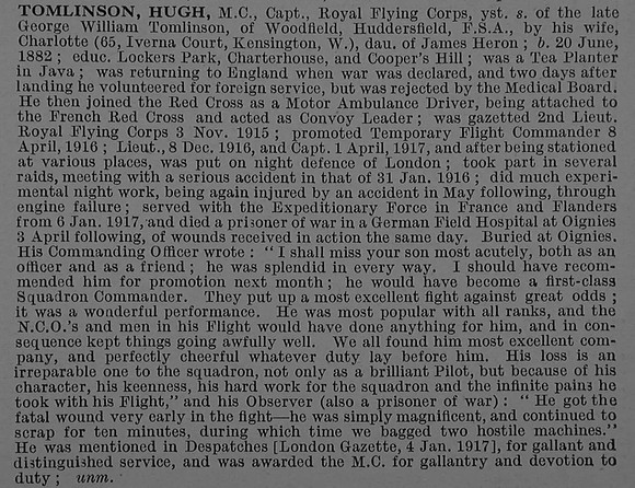 Tomlinson H Captain MC Royal Flying Corps Obit De Ruvignys Roll Of Honour Vol 4