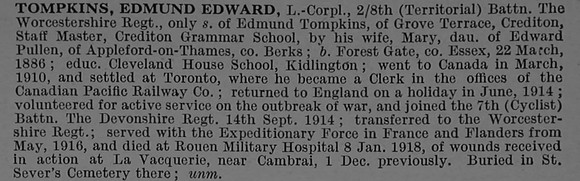 Tompkins E E LCpl 8th Worcestershire Regiment Obit De Ruvignys Roll Of Honour Vol 4