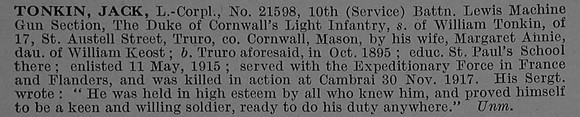 Tonkin J LCpl 21598 10th Duke of Cornwall's Light Infantry Obit De Ruvignys Roll Of Honour Vol 4