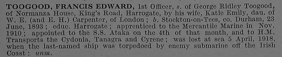 Toogood F E 1st Officer HMT Cyrene Mercantile Marine Obit De Ruvignys Roll Of Honour Vol 4