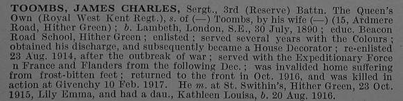 Toombs J C Sergt 9265 3rd Attd 1st Queen's Own (Royal West Kent Regiment) Obit De Ruvignys Roll Of Honour Vol 4