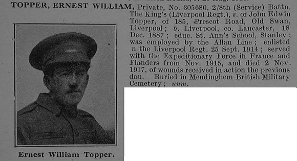 Topper E W Pte 305680 8th Kings Liverpool Regiment Obit De Ruvignys Roll Of Honour Vol 4