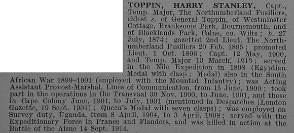 Toppin H S Captain 1st Northumberland Fusiliers Obit De Ruvignys Roll Of Honour Vol 4