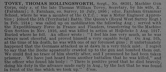 Tovey T H Sergt 68301 Machine Gun Corps Obit De Ruvignys Roll Of Honour Vol 4