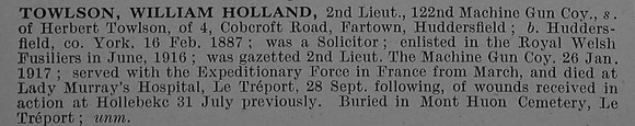 Towlson W H 2nd Lt Machine Gun Corps Short Obit De Ruvignys Roll Of Honour Vol 4
