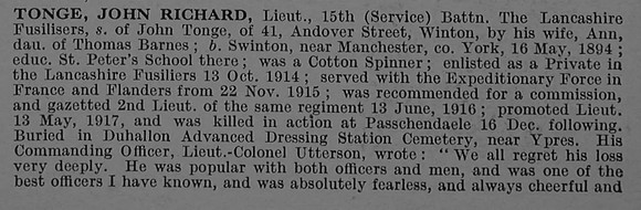 Tonge J R Lt 16th Lancashire Fusiliers Obit Part 1 De Ruvignys Roll Of Honour Vol 4