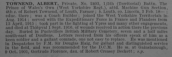 Townend A Pte 2403 5th West Yorkshire Regiment Obit De Ruvignys Roll Of Honour Vol 4