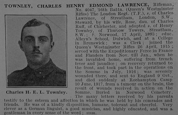 Townley C H E L Rfn 4047 16th London Regiment Obit De Ruvignys Roll Of Honour Vol 4