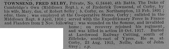 Townsend F S Pte G-34440 4th Middlesex Regiment Obit De Ruvignys Roll Of Honour Vol 4