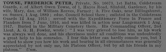 Towse F P Pte 16673 1st Coldstream Guards Obit De Ruvignys Roll Of Honour Vol 4