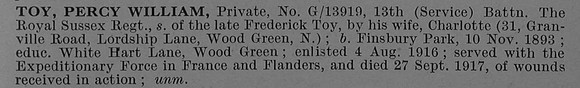 Toy P W Pte G-13919 13th Royal Sussex Regiment Short Obit De Ruvignys Roll Of Honour Vol 4