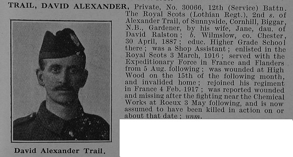 Trail D A Pte 30066 12th Royal Scots Obit De Ruvignys Roll Of Honour Vol 4