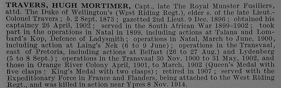 Travers H M Captain 5th Royal Munster Fusiliers Attd 2nd Duke of Wellington's (West Riding Regiment) Obit De Ruvignys Roll Of Honour Vol 4