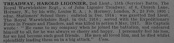 Treadway H L 2nd Lt 15th Royal Warwickshire Regiment Obit De Ruvignys Roll Of Honour Vol 4
