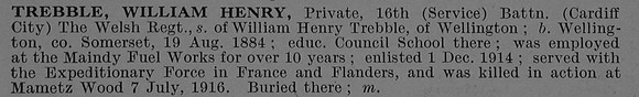 Trebble W H Pte 23104 16th Welsh Regiment Short Obit De Ruvignys Roll Of Honour Vol 4