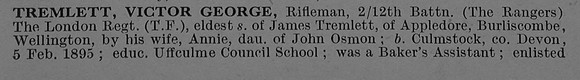 Tremlett V G Rfn 474403 12th London Regiment (The Rangers) Obit Part 1 De Ruvignys Roll Of Honour Vol 4