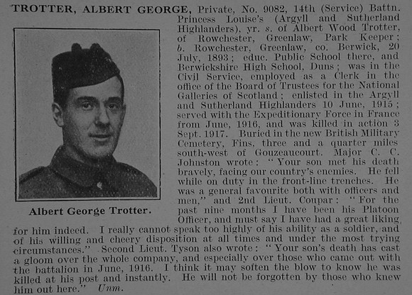 Trotter A G Pte 9082 14th Argyll & Sutherland Highlanders Obit De Ruvignys Roll Of Honour Vol 3