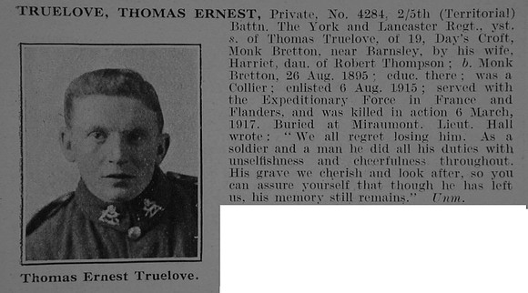 Truelove T E Pte 4284 5th York & Lancaster Regiment Obit De Ruvignys Roll Of Honour Vol 3