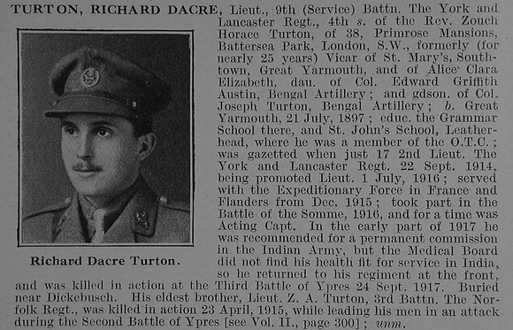 Turton R D Lt 9th Yotk & Lancs Regiment Obit De Ruvignys Roll Of Honour Vol 3