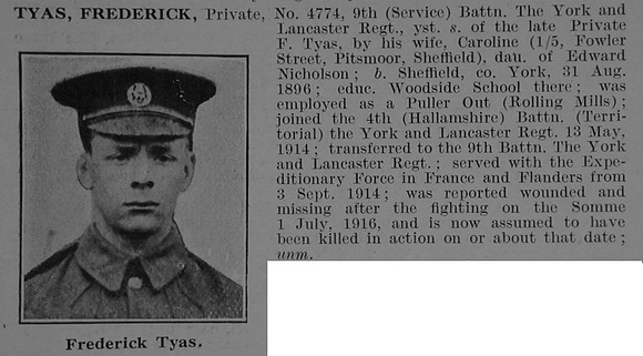 Tyas F Pte 4774 9th York & Lancs Regiment Obit De Ruvignys Roll Of Honour Vol 3