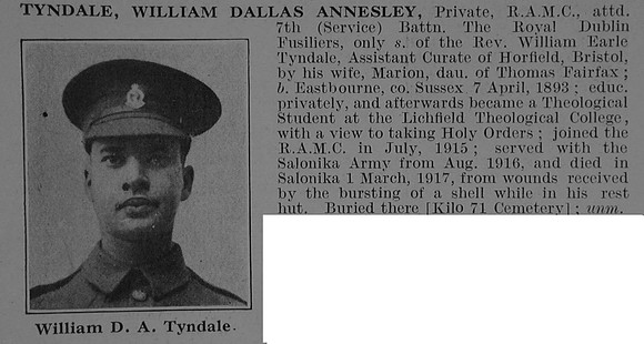 Tyndale W D A Pte 61670 Royal Army Medical Corps Attd 7th Royal Dublin Fusiliers Obit De Ruvignys Roll Of Honour Vol 3