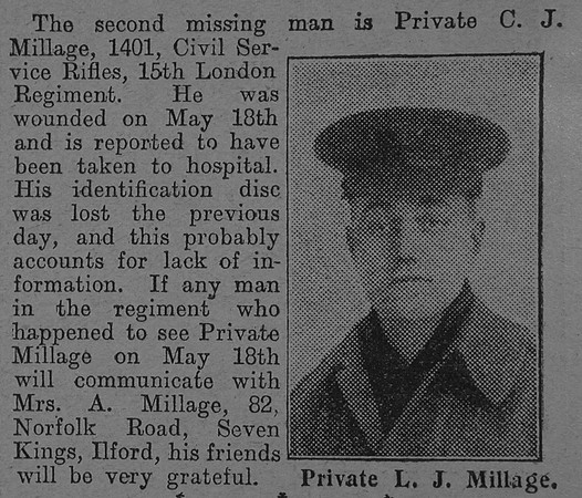 Millage L J Pte 1401 15th London Regiment (Prince of Wales' Own Civil Service Rifles) The Graphic 29th July 1915