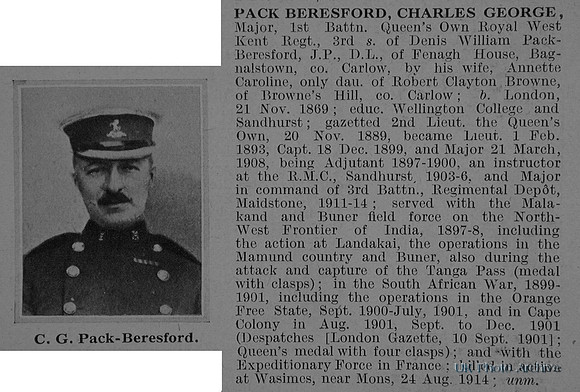 Pack-Beresford C G Major 1st Queens Own Royal West Kent Regiment Obituary De Ruvignys Roll Of Honour Vol 1