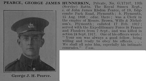 Pearce G J H Pte 13th Royal Sussex Regiment Obit De Ruvignys Roll Of Honour Vol 3