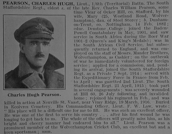 Pearson C H Lt 6th South Staffordshire Regiment Obit De Ruvignys Roll Of Honour Vol 3