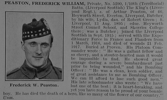 Peaston F W Pte 10th King's Liverpool Regiment Obit De Ruvignys Roll Of Honour Vol 3