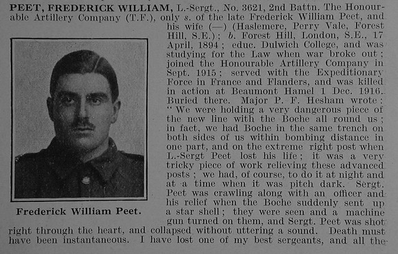 Peet F W L/Sergt 2nd Honourable Artillery Company Obit Part 1 De Ruvignys Roll Of Honour Vol 3