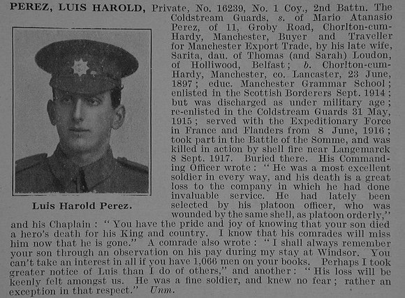 Perez L H Pte 2nd Coldstream Guards Obit De Ruvignys Roll Of Honour Vol 3
